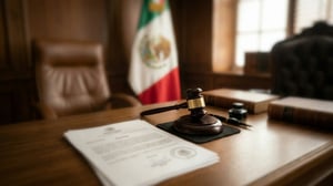 Mazo de juez sobre escritorio con documentos legales; simboliza justicia, ley y reformas en el ámbito jurídico en México.